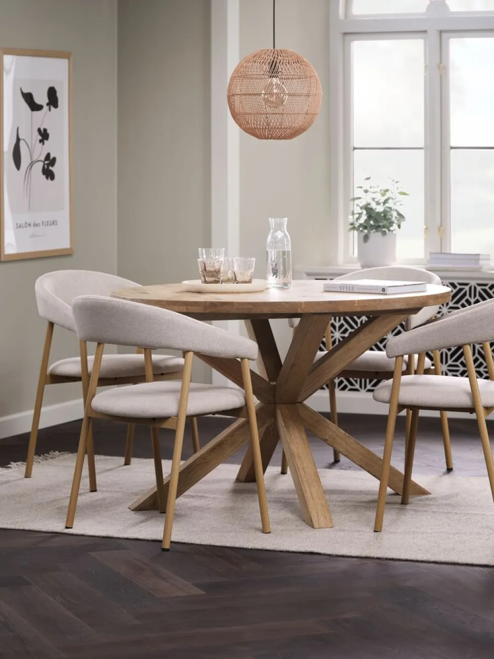 GRIBSKOV + EJSINGGRIBSKOV Ø120 table chêne naturel + 4 EJSING chaises beige