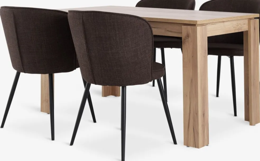 LINTRUP + RISSKOVLINTRUP L140 table col. chêne + 4 RISSKOV chaises brun foncé