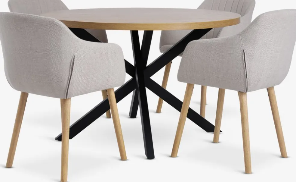 NORTOFT + ADSLEVNORTOFT Ø120 table coloris chêne + 4 ADSLEV chaises beige