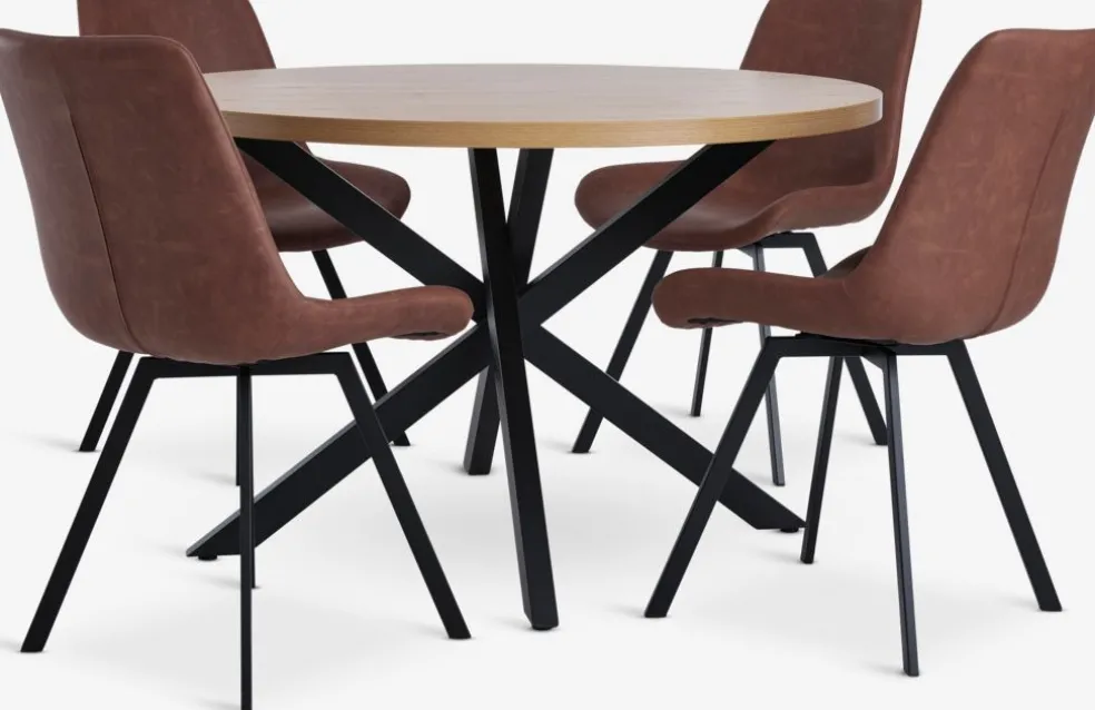 NORTOFT + HYGUMNORTOFT Ø120 table coloris chêne + 4 HYGUM chaises cognac