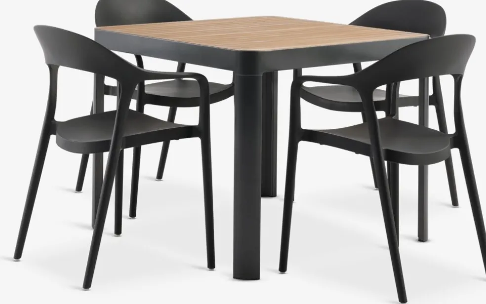 SIRDAL + NANNESTADSIRDAL L91 table eucalyptus + 4 NANNESTAD chaises gris foncé